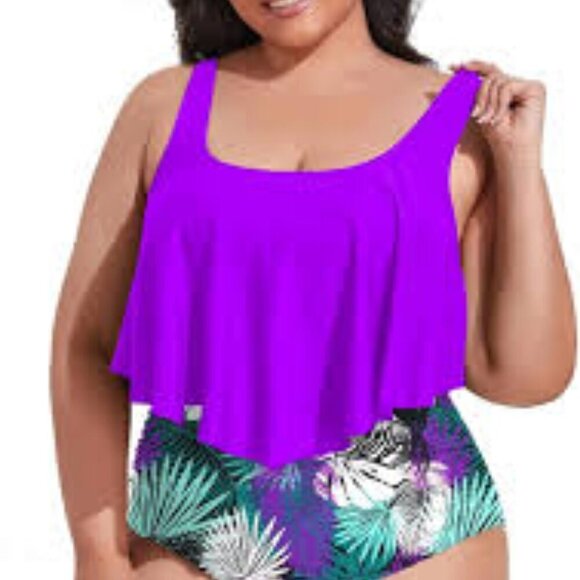MOONCORE LILAC FLOUNCE RUFFLE BLACK FLORAL HIGH WAIST TANKINI SET SIZE 2XL NWT - Picture 3 of 8